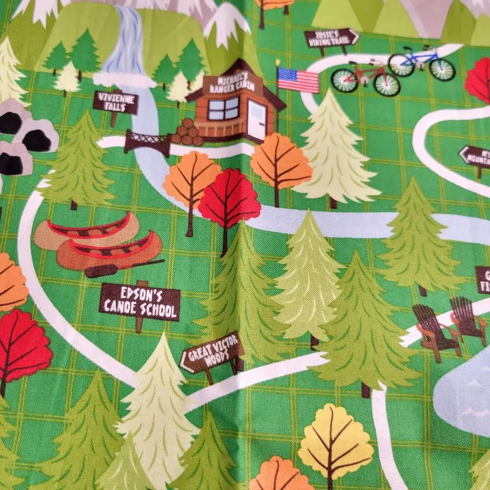 Cotton Fabric Green North Woods Cabins Trails Forest Campsite 24x44 Quilting